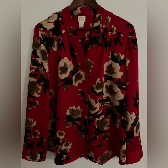 Chico's Burgundy Floral V Neck Blouse, Size 2/12 - Picture 3 of 16